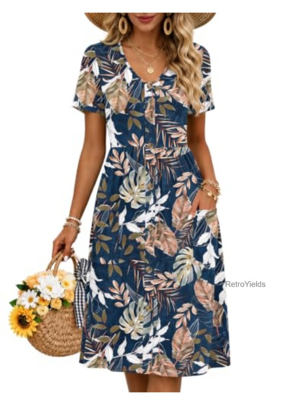 Women's Casual Button Down Dress with Pockets - Soft Stretchy Knee Length